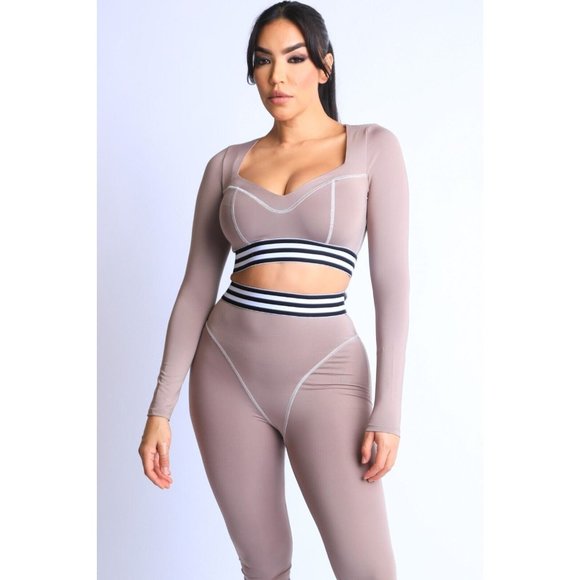 Women's Striped Elastic Waist Band Reverse Cover Stitch Detailed 2 Piece Set - Picture 8 of 9